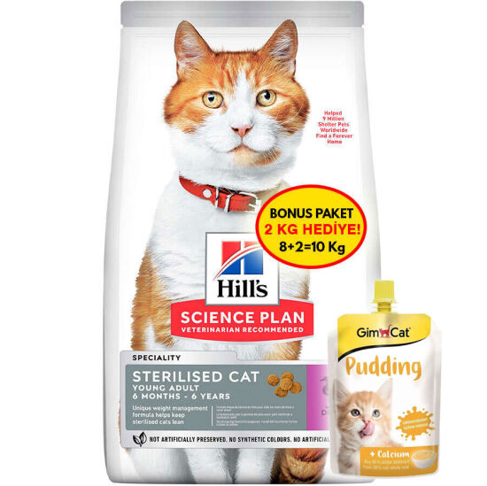 Hills Sterilised Kısırlaştırılmış Ördekli Kedi Maması 8 + 2 Kg (Toplam 10 Kg) + Gimcat Kedi Pudingi 150 Gr - 1