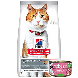 Hills Sterilised Kısırlaştırılmış Somonlu Kedi Maması 10 Kg + 2 Adet Schesir Ton Balıklı ve Jambonlu Kedi Konservesi - Hills