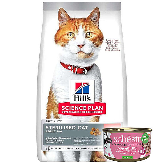 Hills Sterilised Kısırlaştırılmış Somonlu Kedi Maması 10 Kg + 2 Adet Schesir Ton Balıklı ve Jambonlu Kedi Konservesi - 1