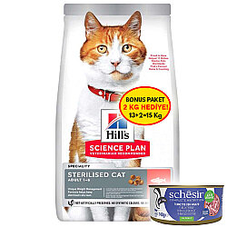 Hill′s Sterilised Kısırlaştırılmış Somonlu Kedi Maması 13+2 Kg (Toplam 15 Kg) + 4 Adet Schesir Konserve 140 Gr - Hills