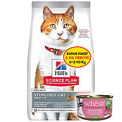 Hills Sterilised Kısırlaştırılmış Somonlu Kedi Maması 8 + 2 Kg (Toplam 10 Kg) + 2 Adet Schesir Ton Balıklı ve Jambonlu Kedi Konservesi - Hills