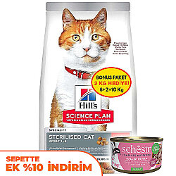 Hills Sterilised Kısırlaştırılmış Somonlu Kedi Maması 8 + 2 Kg (Toplam 10 Kg) + 2 Adet Schesir Ton Balıklı ve Jambonlu Kedi Konservesi - Hills