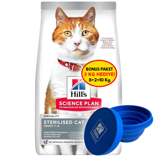 Hills Sterilised Kısırlaştırılmış Somonlu Kedi Maması 8 + 2 Kg (Toplam 10 Kg) + Silikon Mama Kabı - 1