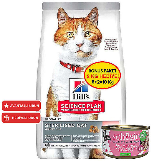 Hills Sterilised Kısırlaştırılmış Somonlu Kedi Maması 8 + 2 Kg (Toplam 10 Kg) + 2 Adet Schesir Ton Balıklı ve Jambonlu Kedi Konservesi - 2