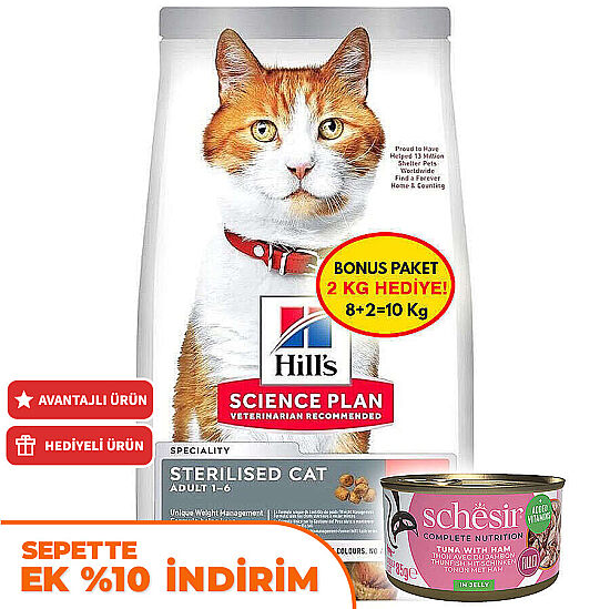 Hills Sterilised Kısırlaştırılmış Somonlu Kedi Maması 8 + 2 Kg (Toplam 10 Kg) + 2 Adet Schesir Ton Balıklı ve Jambonlu Kedi Konservesi - 1