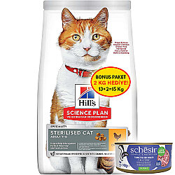 Hills Sterilised Kısırlaştırılmış Tavuklu Kedi Maması 13+2 Kg (Toplam 15 Kg) + 4 Adet Schesir Konserve 140 Gr - Hills