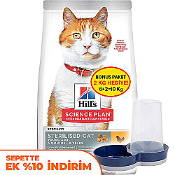Hills Sterilised Kısırlaştırılmış Tavuklu Kedi Maması 8 + 2 Kg (Toplam 10 Kg) + Moderna Hazneli Mama Kabı - Hills