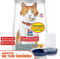 Hills Sterilised Kısırlaştırılmış Tavuklu Kedi Maması 8 + 2 Kg (Toplam 10 Kg) + Moderna Hazneli Mama Kabı - Hills