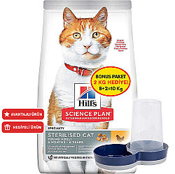 Hills Sterilised Kısırlaştırılmış Tavuklu Kedi Maması 8 + 2 Kg (Toplam 10 Kg) + Moderna Hazneli Mama Kabı - Hills