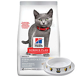 Hill's Sterilised Kitten Kısırlaştırılmış Tavuklu Yavru Kedi Maması 1,5 Kg + Moderna Desenli Mama Kabı - Hills