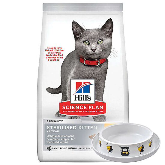 Hill's Sterilised Kitten Kısırlaştırılmış Tavuklu Yavru Kedi Maması 1,5 Kg + Moderna Desenli Mama Kabı - 1