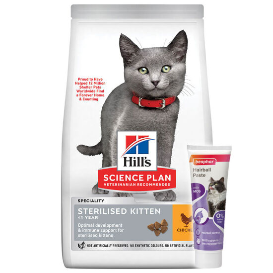 Hill's Sterilised Kitten Kısırlaştırılmış Tavuklu Yavru Kedi Maması 3 Kg + Beaphar Malt Macun 100 Gr - 1