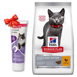 Hills - Hill's Sterilised Kitten Kısırlaştırılmış Tavuklu Yavru Kedi Maması 3 Kg + Beaphar Malt Macun 100 Gr