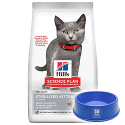 Hill's Sterilised Kitten Kısırlaştırılmış Tavuklu Yavru Kedi Maması 3 Kg + Mama Kabı - Hills