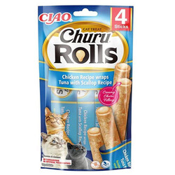 Inaba - Inaba Ciao Churu Rolls Sticks Deniz Taraklı Tavuk Sargılı ve Ton Balıklı Kedi Ödül Maması 4 x 10 Gr