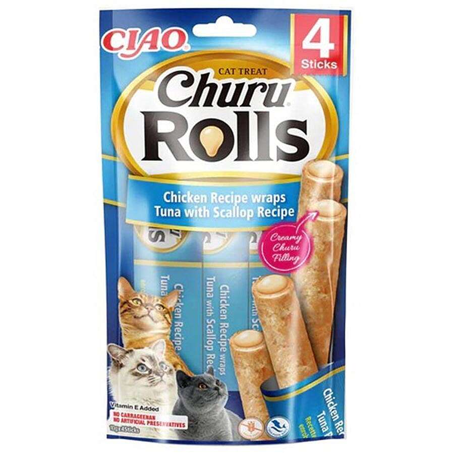 Inaba Ciao Churu Rolls Sticks Deniz Taraklı Tavuk Sargılı ve Ton Balıklı Kedi Ödül Maması 4 x 10 Gr