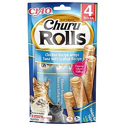 Inaba Ciao Churu Rolls Sticks Deniz Taraklı Tavuk Sargılı ve Ton Balıklı Kedi Ödül Maması 4 x 10 Gr - Inaba