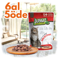 Jungle - Jungle Pouch Adult Biftekli Yaş Yetişkin Kedi Maması 100 Gr - 6 Al 5 Öde