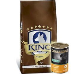 King - King Adult Biftekli Yetişkin Köpek Maması 15 Kg + 5 Adet Challenge 400 Gr Konserve