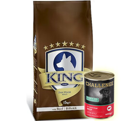 King - King Adult Biftekli Yetişkin Köpek Maması 15 Kg + 5 Adet Challenge 400 Gr Konserve