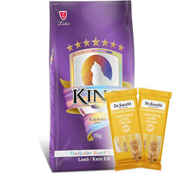 King - King Multi Color Renkli Taneli Kuzu Etli Kedi Maması 15 Kg + 5 Adet Dr Sacchi 4 lü Creamy Ödül