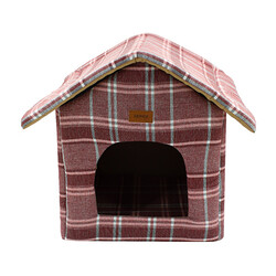 Lepus Shack House Ekose Küçük Irk Köpek ve Kedi Evi Yatağı Kırmızı - Thumbnail