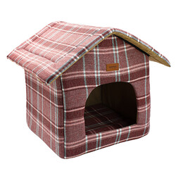 Lepus Shack House Ekose Küçük Irk Köpek ve Kedi Evi Yatağı Kırmızı - Thumbnail