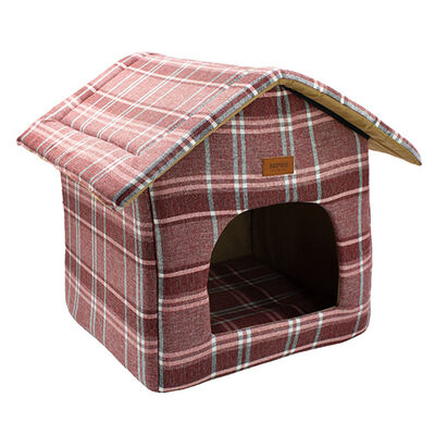 Lepus Shack House Ekose Küçük Irk Köpek ve Kedi Evi Yatağı Kırmızı