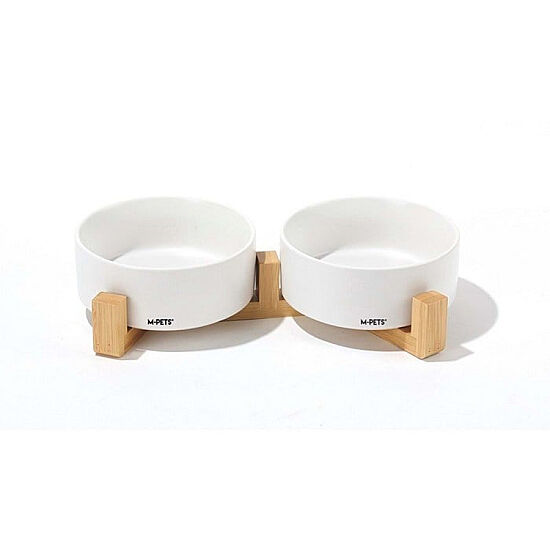 M-Pets Opera Bamboo Standlı İkili Seramik Mama Kabı - 2 x 350 ML Beyaz - 2