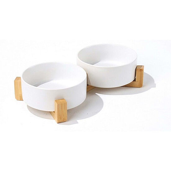 M-Pets Opera Bamboo Standlı İkili Seramik Mama Kabı - 2 x 850 ML Beyaz - 2