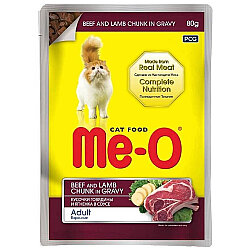 Me-O Pouch Biftek ve Kuzu Etli Soslu ve Parça Etli Yaş Kedi Maması 80 Gr - MeO