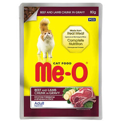 MeO - Me-O Pouch Biftek ve Kuzu Etli Soslu ve Parça Etli Yaş Kedi Maması 80 Gr