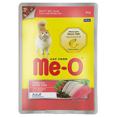 Me-O Pouch Ton ve Beyaz Balıklı Çubuklu Jöleli Yaş Kedi Maması 80 Gr