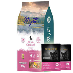 Mystic - Mystic Kitten Düşük Tahıllı Tavuk Etli Yavru Kedi Maması 1,5 Kg + 2 Adet Challenge Pouch 85 Gr Yaş Mama