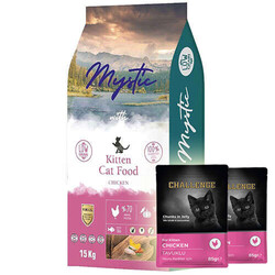 Mystic - Mystic Kitten Düşük Tahıllı Tavuk Etli Yavru Kedi Maması 15 Kg + 5 Adet Challenge Pouch 85 Gr Yaş Mama