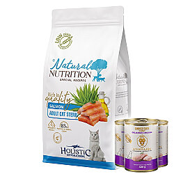 Natural Nutrition Somonlu Kısırlaştırılmış Kedi Maması 12 Kg + 3 Adet Animarie Konserve 400 Gr - Natural Nutrition