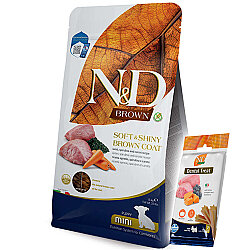 ND Brown Mini Puppy Kuzu ve Havuç Kahverengi Tüylü Mini Irk Tahılsız Yavru Köpek Maması 1,5 Kg + ND Köpek Ödülü - N&D