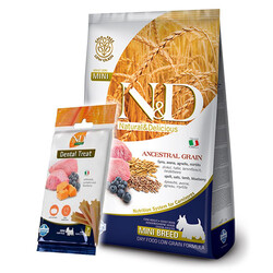 N&D (Naturel&Delicious) - ND Düşük Tahıl Kuzu Yaban Mersini Küçük Irk Köpek Maması 2,5 Kg + ND Dental Köpek Ödülü