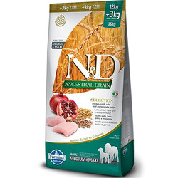 N&D (Naturel&Delicious) - ND Düşük Tahıl Tavuk Nar Orta ve Büyük Irk Köpek Maması 12 Kg + 3 Kg 