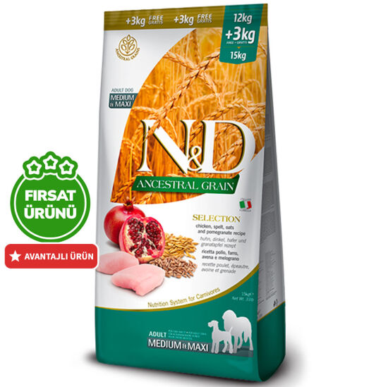 ND Düşük Tahıl Tavuk Nar Orta ve Büyük Irk Köpek Maması 12 + 3 Kg - 1