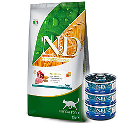 ND Düşük Tahıllı Hindi ve Narlı Kısırlaştırılmış Kedi Maması 10 Kg + 3 Adet ND Ton ve Somon Konserve 70 Gr - N&D