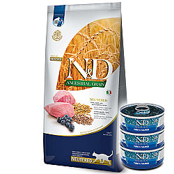 ND Düşük Tahıllı Kuzu Yaban Mersini Kısırlaştırılmış Kedi Maması 10 Kg + 3 Adet ND Ton ve Somon Konserve 70 Gr - N&D