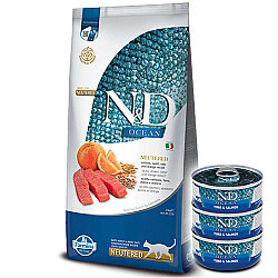 ND Düşük Tahıllı Somon ve Portakal Kısırlaştırılmış Kedi Maması 10 Kg + 3 Adet ND Ton ve Somon Konserve 70 Gr - N&D