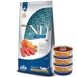 ND Düşük Tahıllı Somon ve Portakal Kısırlaştırılmış Kedi Maması 10 Kg + 3 Adet ND Konserve 70 Gr - N&D