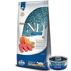 ND Düşük Tahıllı Somon ve Portakal Kısırlaştırılmış Kedi Maması 10 Kg + ND Konserve 70 Gr - N&D