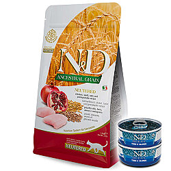 ND Düşük Tahıllı Tavuk ve Narlı Kısırlaştırılmış Kedi Maması 5 Kg + 2 Adet ND Ton ve Somon Konserve 70 Gr - N&D