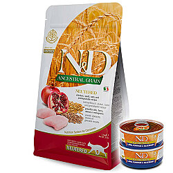 ND Düşük Tahıllı Tavuk ve Narlı Kısırlaştırılmış Kedi Maması 5 Kg + 2 Adet ND Konserve 70 Gr - N&D