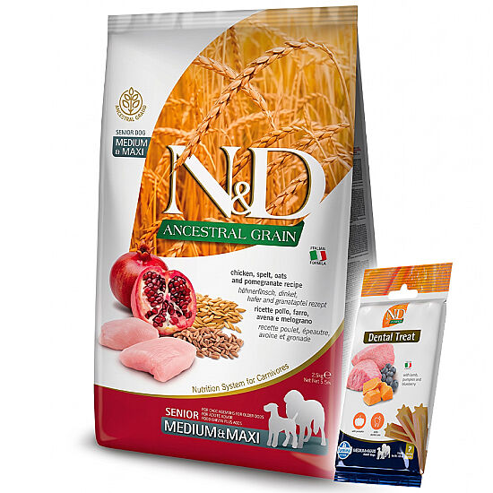 ND Düşük Tahıllı Tavuk Nar Yaşlı Orta ve Büyük Irk Köpek Maması 2,5 Kg + ND Dental Köpek Ödülü - 1