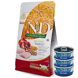 ND Düşük Tahıllı Tavuk ve Nar Kısırlaştırılmış Kedi Maması 10 Kg + 3 Adet ND Ton ve Somon Konserve 70 Gr - N&D