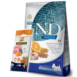 N&D (Naturel&Delicious) - ND Ocean Düşük Tahıl Balık Portakal Küçük Irk Köpek Maması 2,5 Kg + ND Dental Köpek Ödülü